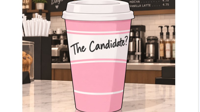 A pink to-go coffee cup labelled The Candidate? on a coffee shop counter